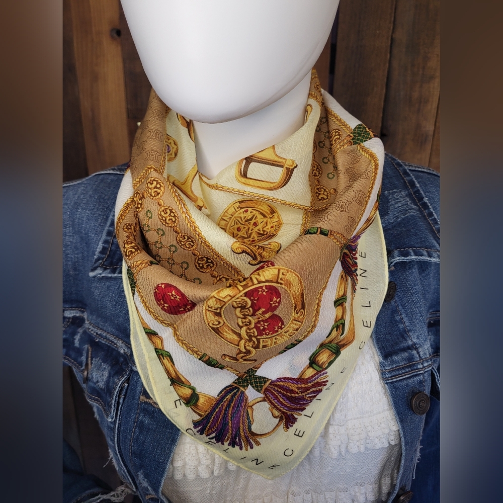 Celine Women's Scarf with Cream, Gold, and Red Accents Handkerchief - Picture 2 of 8